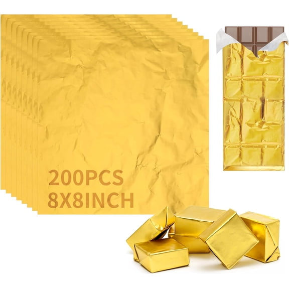 200 Pcs Chocolate Bar Wrappers Packaging 7.87 x 7.87 in Square Candy Bar Wrappers, Gold Aluminum Foil Wrapper Papers for Homemade Chocolate Candy Bars