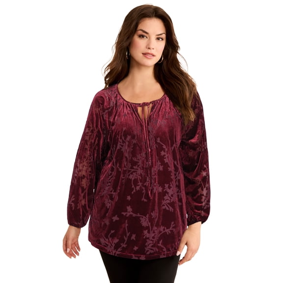Roaman's Women's Plus Size Velvet Burnout Keyhole Tee