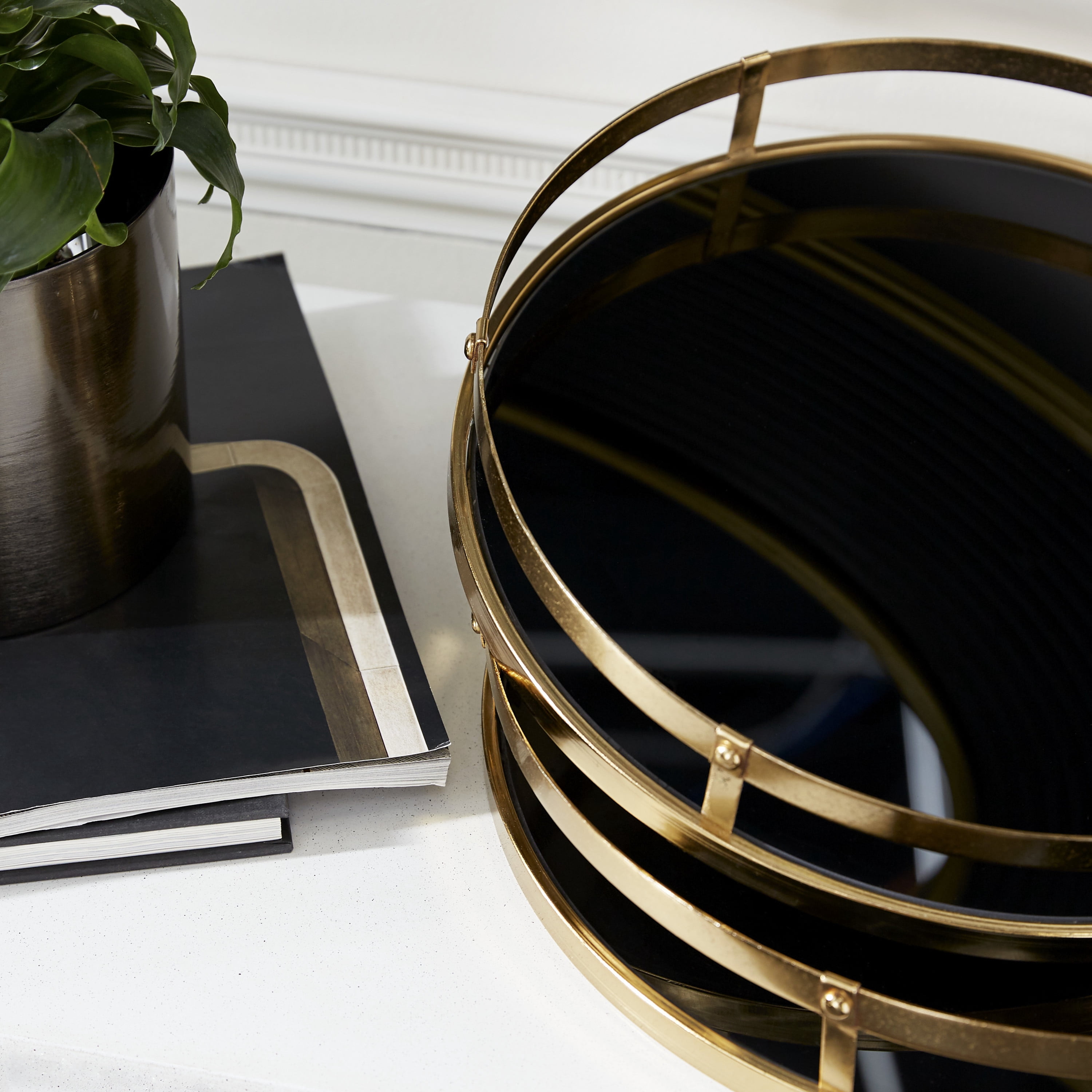 CosmoLiving by Cosmopolitan 14", 16"W Gold Metal  Tray with Black Glass, 2-Pieces