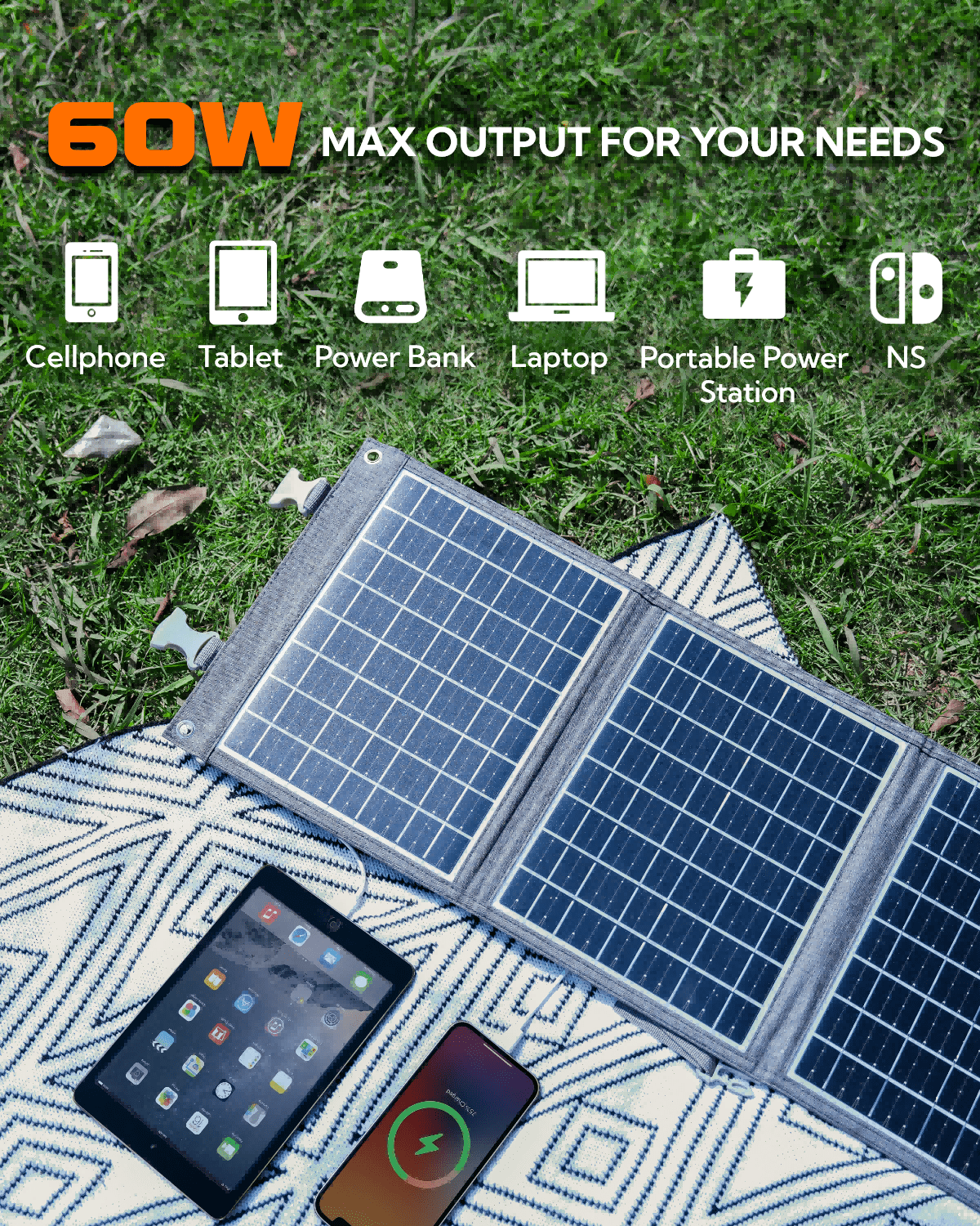 LUMOPAL 60W Foldable Solar Panel, Portable Solar Charger for Traveling & Camping, Grey, 1 Pack