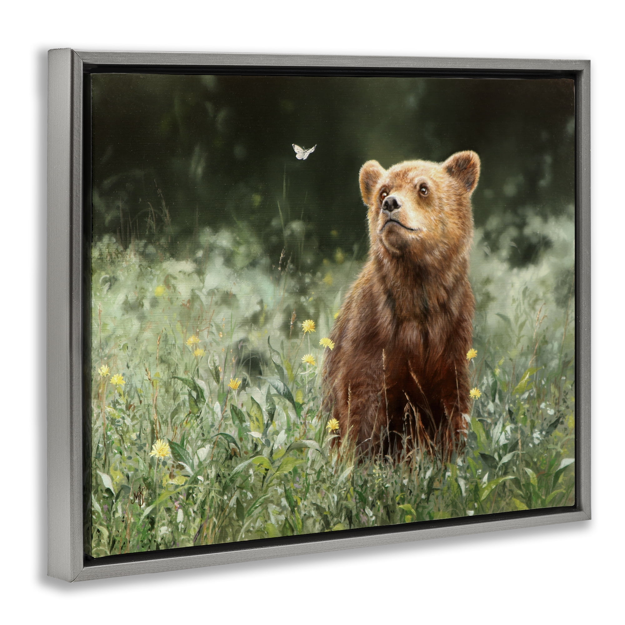 Stupell Industries Baby Bear & Butterfly Animals Painting Gray Floater Framed Canvas Art Print Wall Art, 31 x 25