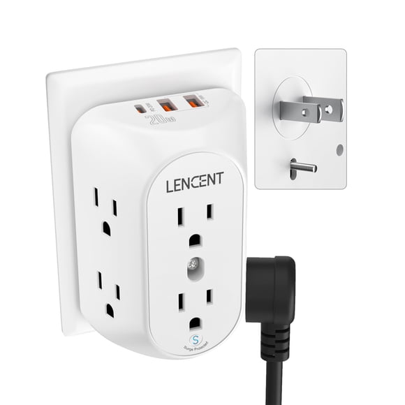 LENCENT Multicontacto Pared USB, Adaptador de Enchufe 3 a 2 Clavijas con 6 Tomas AC, Puerto PD 20W y 2 Puertos USB A, 1728J Protección contra Sobretensiones, Contactos de Pared para Hogar O