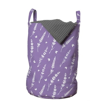 Floral Laundry Bag, Romantic Lavender and Butterflies Pattern Aromatic Herbs Wildflowers Concept, Basket with Handles Drawstring Closure for Laundromats, 13" x 19", Violet and White, by Ambesonne