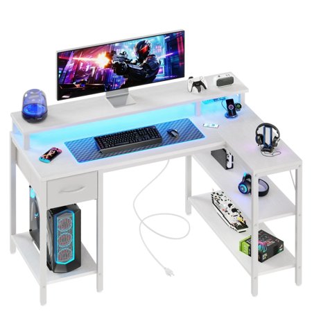 CONCETTA 47 inch L-Shaped Gaming Desk Reversible Design with LED Lighting Power Outlets and Double-Tier Storage White for Home Office