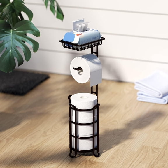Bronze Freestanding Toilet Paper Holder with Shelf, Holds Reserve Mega Rolls for Bathroom