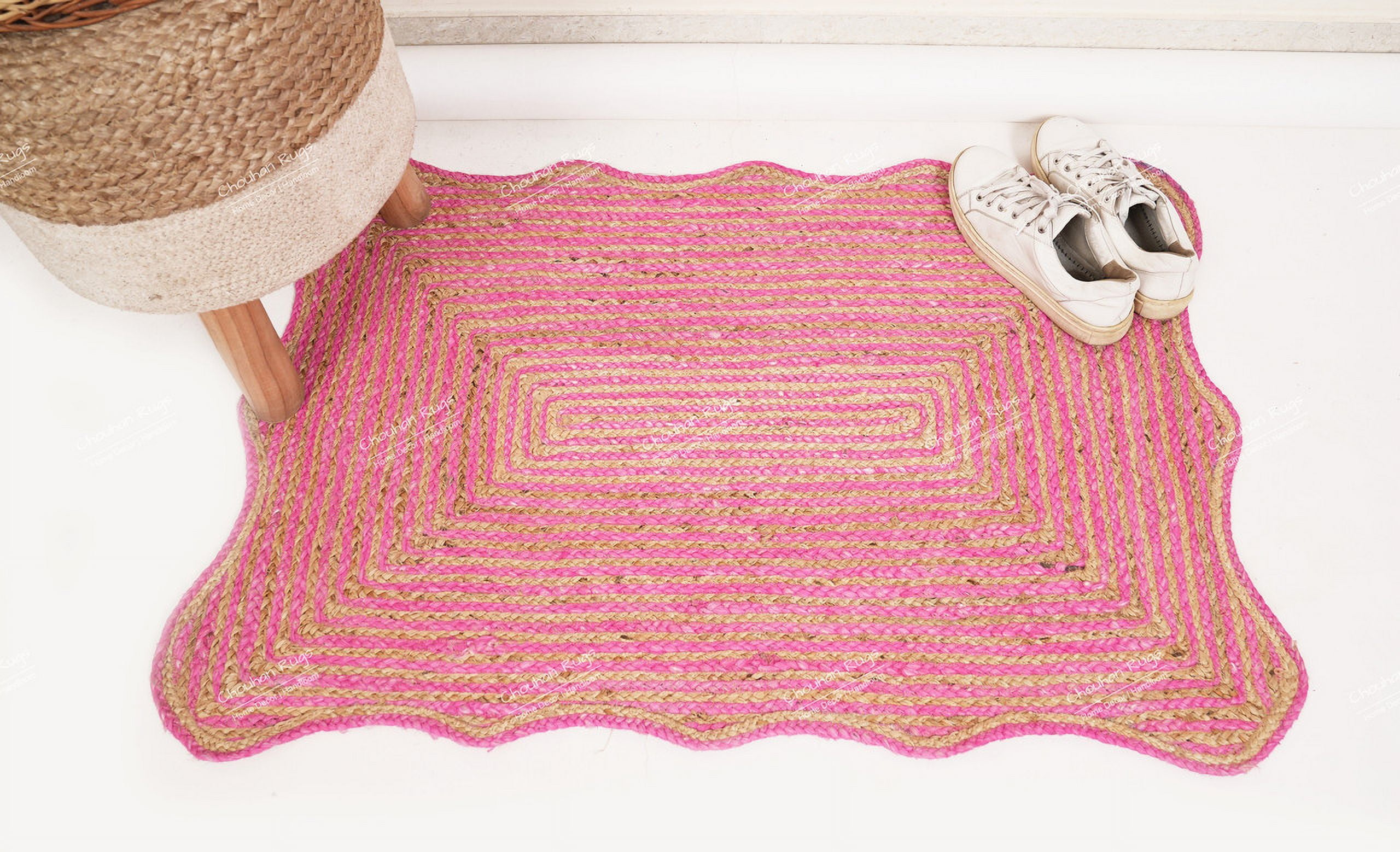 Rectangle Rug Natural Jute Rug Hand Braided Beige and Pink Color Rounding Line Area Rug