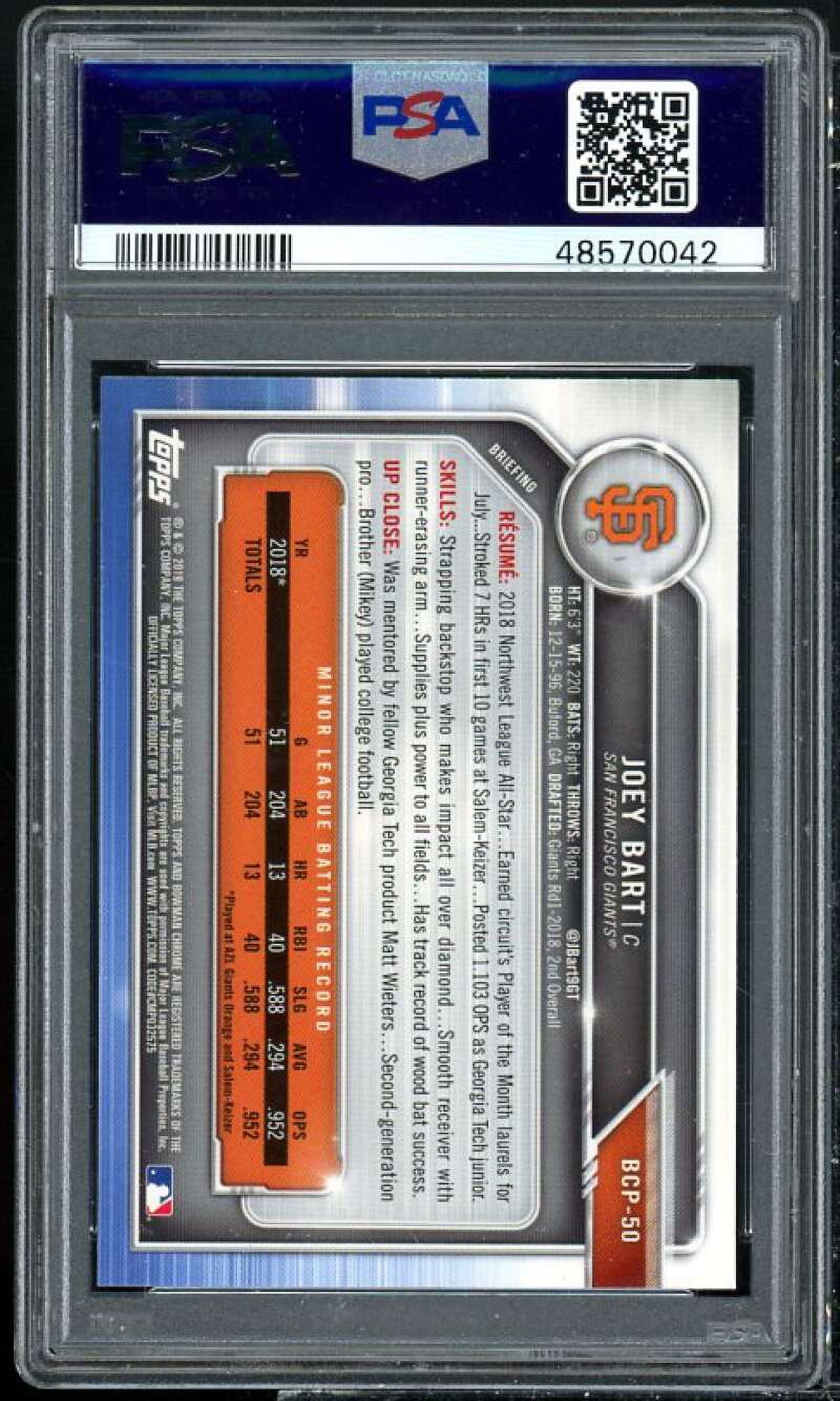 Joe Bart Rookie Card 2019 Bowman Prospects Chrome #50 PSA 9 Joe Bart Rookie Card 2019 Bowman Prospects Chrome #50 PSA 9