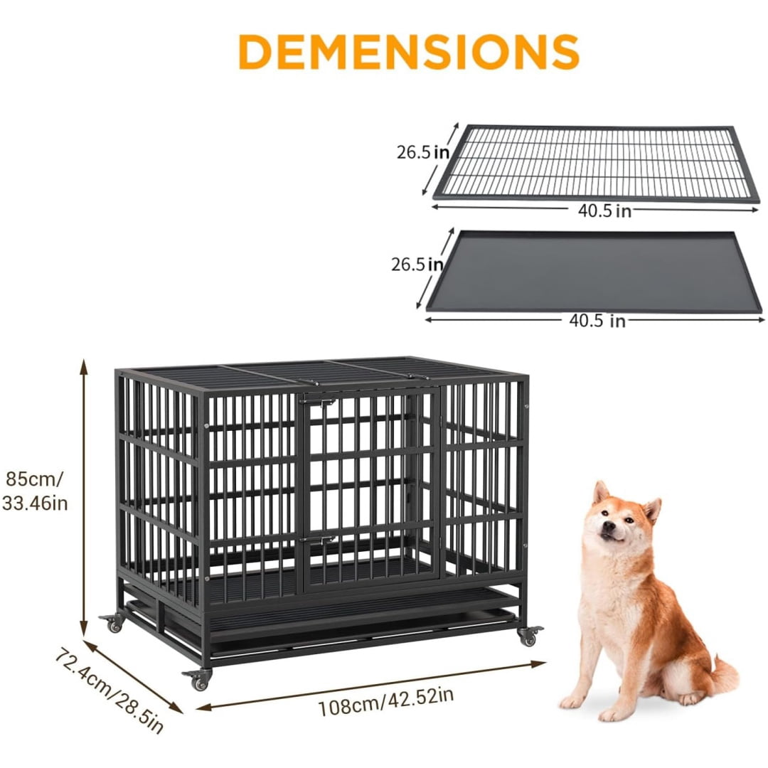 Heavy Duty Indestructible Dog Crate, Escape Proof Dog Cage with Double Door, Wheels & Removable Tray, Collapsible Dog Crates for Small Medium Large Dogs