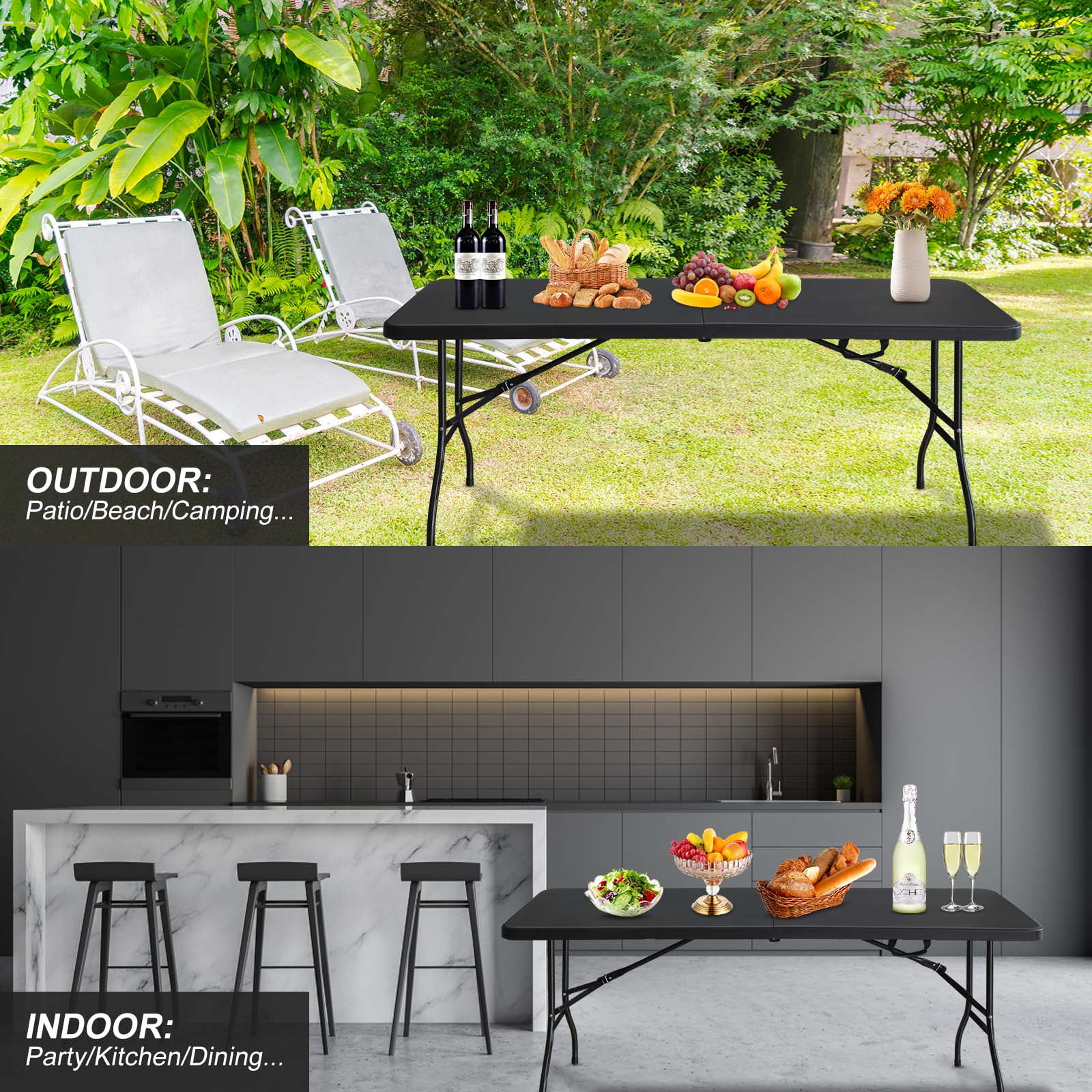 6ft Folding Table Portable Plastic Foldable Table High Load Bearing Black Table for Camping Picnics Parties Indoor Outdoor Garden Patio Use