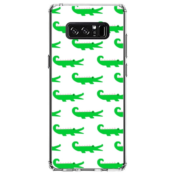 DistinctInk Clear Shockproof Hybrid Case for Samsung Galaxy Note 8 - TPU Bumper, Acrylic Back, Tempered Glass Screen Protector - Green White Alligators - Cartoon Alligators