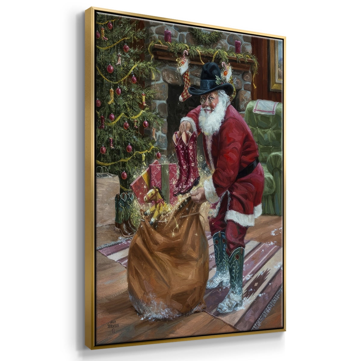 New Boots for Christmas - Framed Gallery Wrapped Holiday Canvas - 25 x 37 - Gold Frame