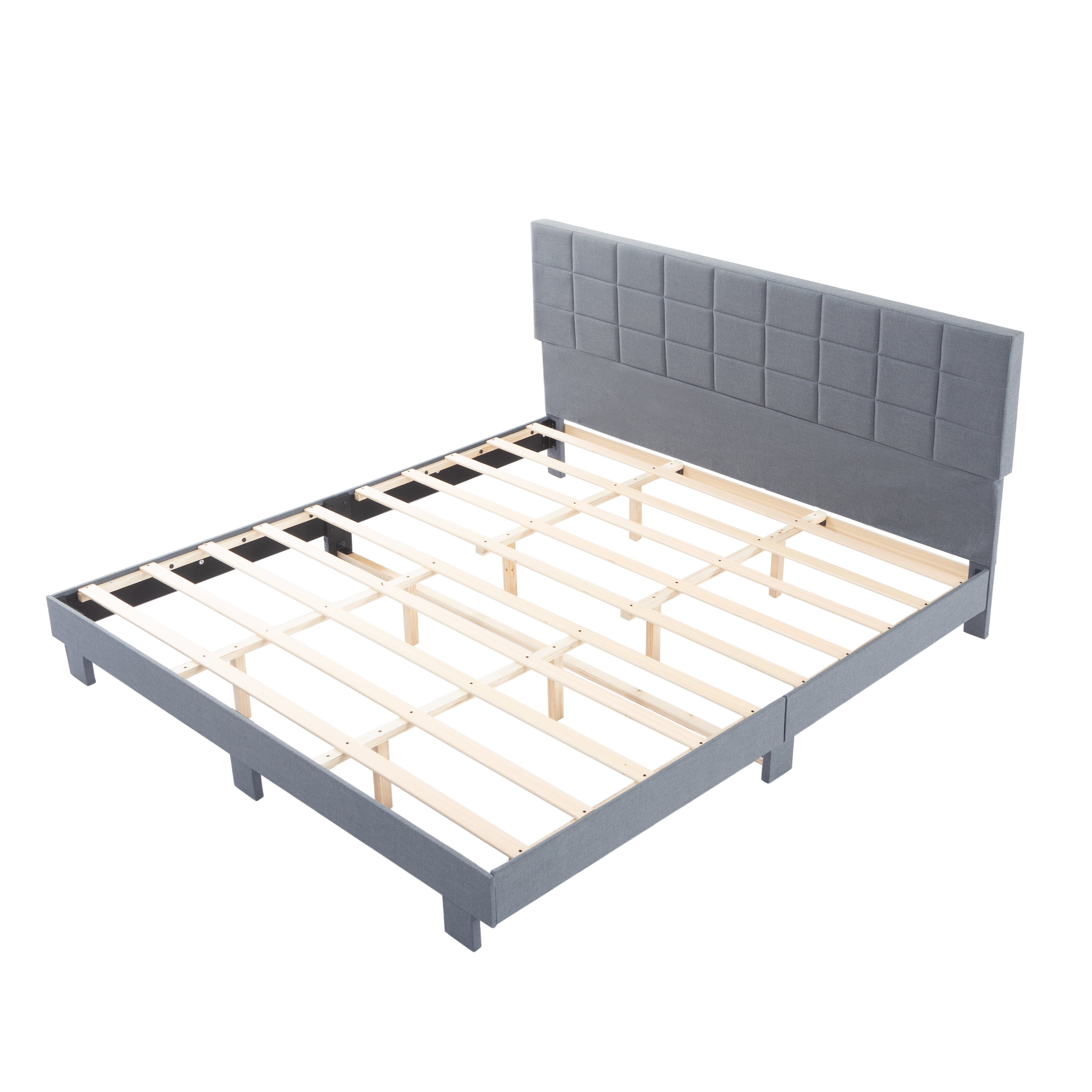 BSHTI KING Size Upholstered Platform Bed Frame – No Box Spring Needed, Square Tufted Headboard, Solid Wood Frame, Center Support Leg, Under-Bed Storage, Easy Assembly, Light Grey