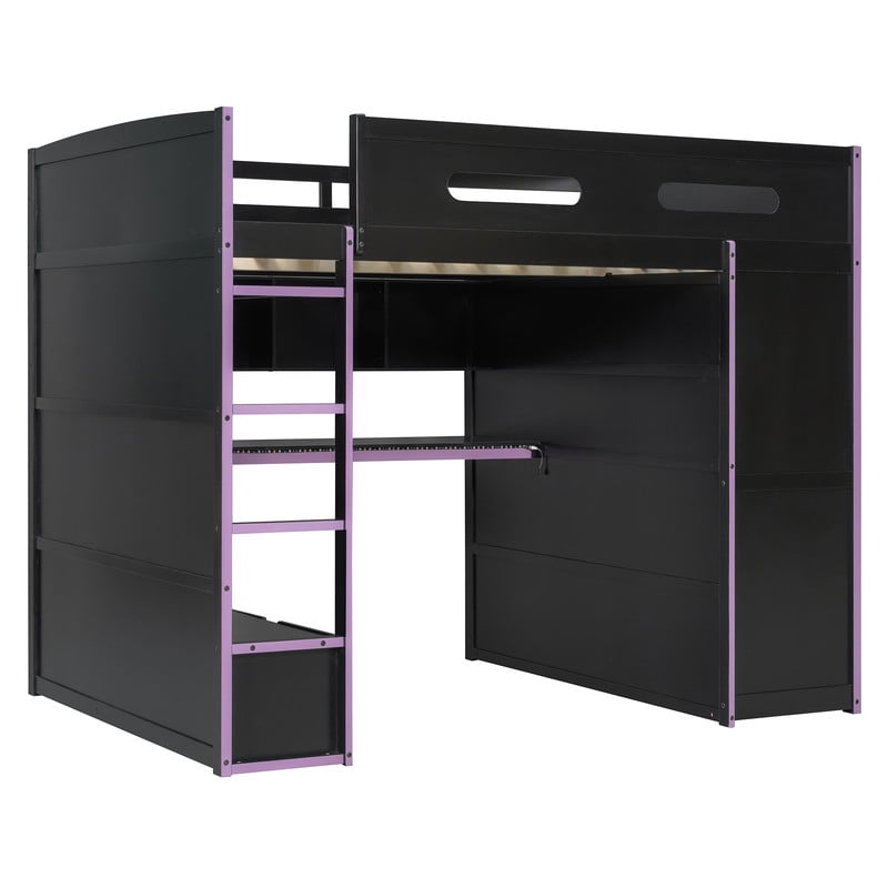 Full Size Wooden Loft Bed with Desk, Wardrobe and Storage Shelves, Gaming Loft Bed Frame with RGB LED Light, USB Charging Port and Built-In Workstation for Bedroom