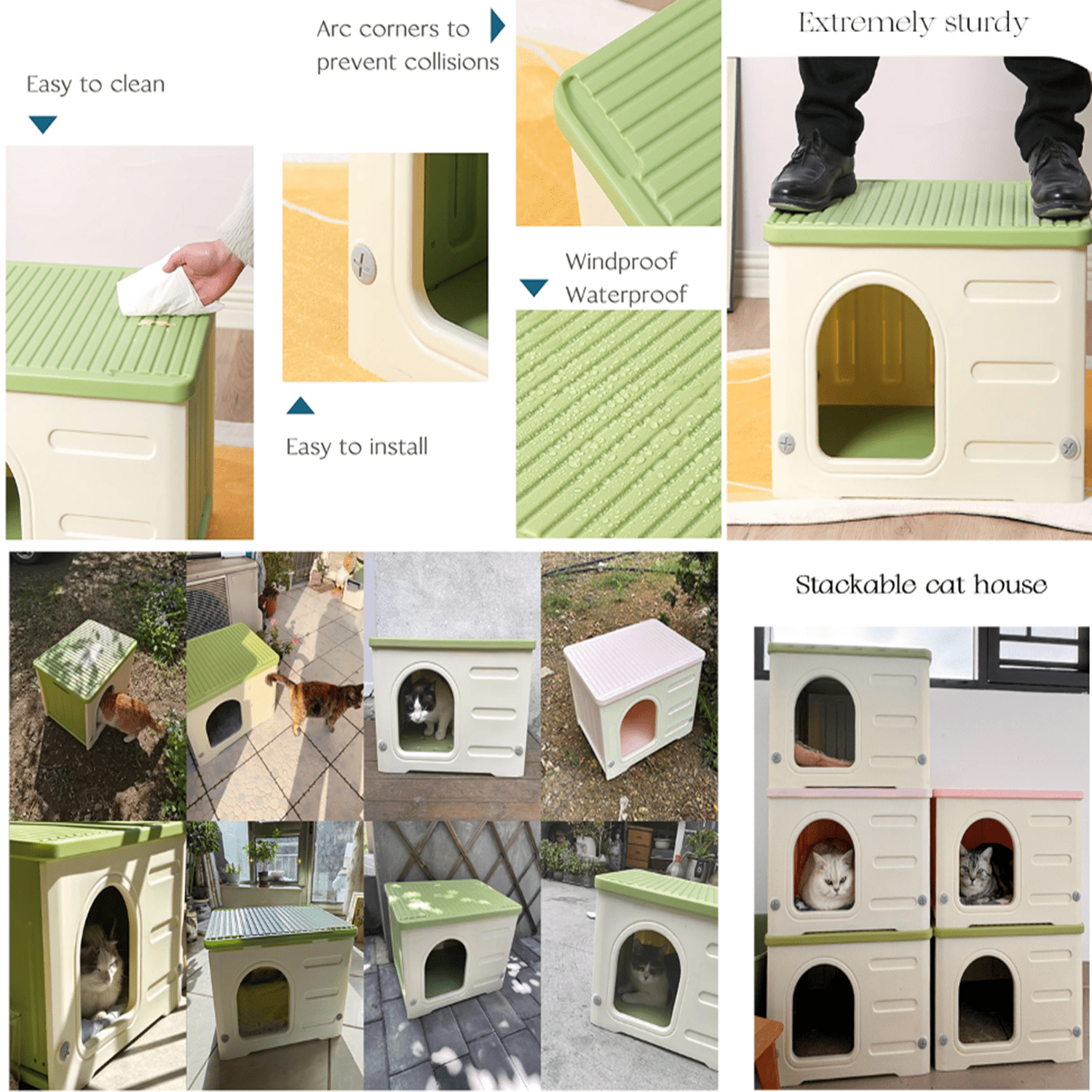 imerelez Plastic Cat House for Outdoor Indoor Use, Stackable Feral Cat Shelter Indoor Cat House Insulated Weatherproof Waterproof Elevated with Cat Scratching Board & Cushion (Green)
