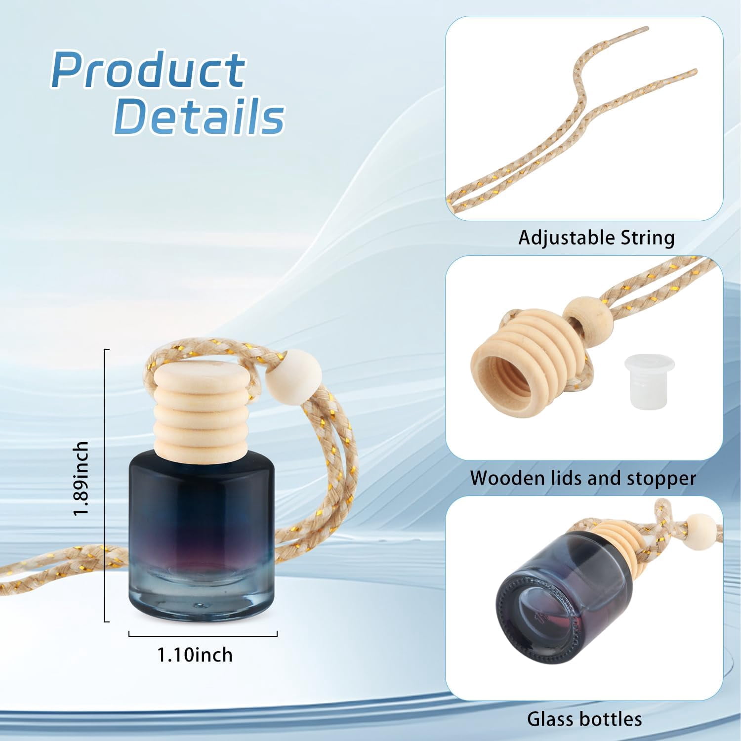 24-piece black car hanging air freshener empty glass diffuser pendant perfume bottle, for essential oil aromatherapy car interior decoration (cylindrical gradient black)