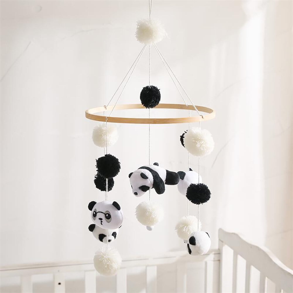 Baby Panda Hair Ball Wind Chime, Wooden Hanging Crib Mobile Toy for Newborns, Nursery & Travel