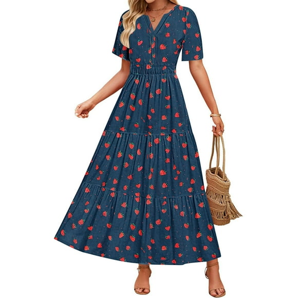 WRKEKC Work Dresses for Women, T-Shirt Dress for Women, Women's Trendy Sexy Print Short Sleeve V-Neck Pleated Dresses Long Dress Maxi Dresses Elastic Waist Boho Beach Dress Pockets