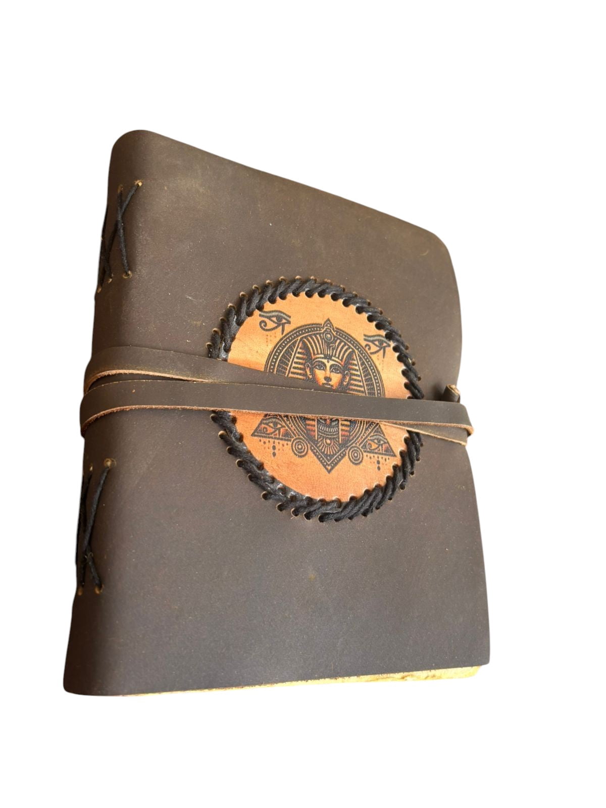 Handmade Leather Journal with Wrap Closure – Egyptian Pharaoh Design, 6x8 Inch, Deckle Edge Pages Notebook