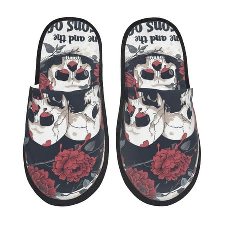 

Honeii Gothic Skulls And Roses Print Furry Slippers Bedroom Slippers for Women and Men Fuzzy Plush Comfy Faux Fur Lined Slide Shoes -Medium