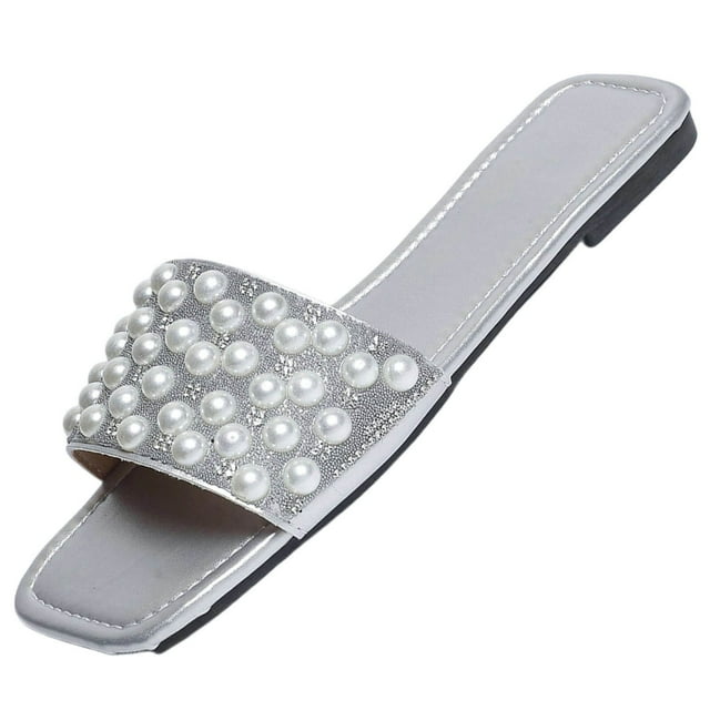 WLOELOEW Square Toe Flat Slide Slippers For Women With Pearl Strap Soft Lazy Indoor Outdoor Slides Synthetic Upper Available In Us Size 8.5 (Foot Length: 10.04 Inches)