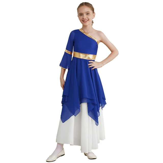 CHICTRY Robe de Danse Ballet pour Filles, Robe de Danse Lyrique, Épaule Dénudée, Ourlet Haut-Bas, Bleu 16