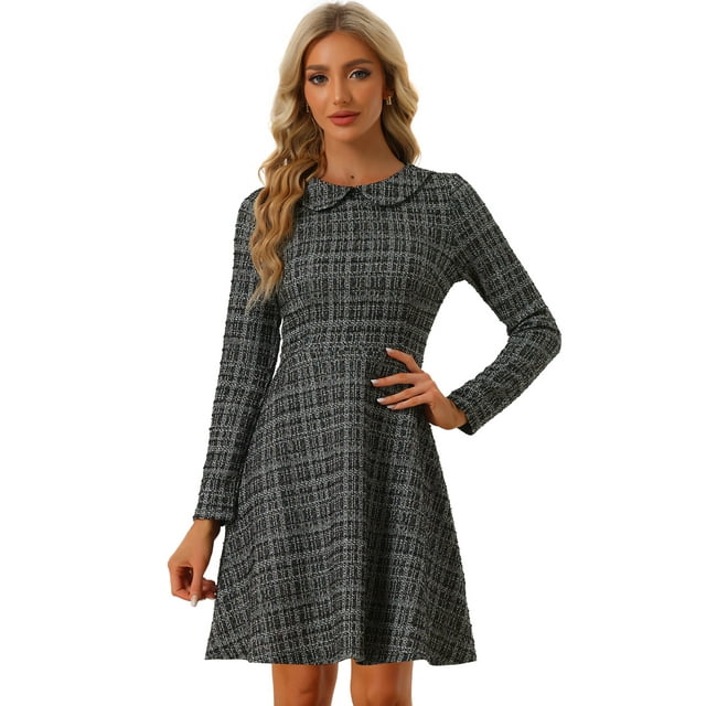 Vestido de tweed vintage Allegra K Vestido acampanado de manga larga con cuello Peter Pan Negro M
