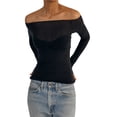 thumbnail image 3 of ZAXARRA Women Off Shoulder Ruched Mesh Tshirt Top Long Sleeve Pleated See Through Solid Slim Shirt Blouse Tops, 3 of 9