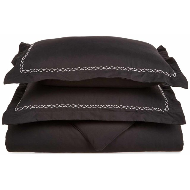 6-Line Microfiber Wrinkle-Resistant Duvet Cover and Embroidered Pillow Sham Set Black/White / Twin/Twin XL