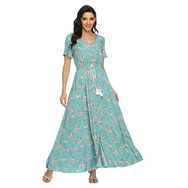 VintageClothing Women's Floral Print Maxi Dresses Boho Button Up Split  Beach Party Dress, Blue Turqouise, M - Walmart.com