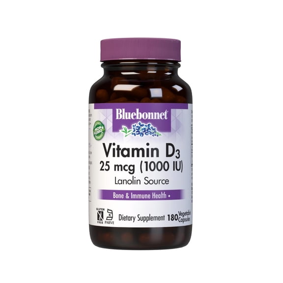Bluebonnet Vitamin D3 1000 IU 25 mcg - Strong Bones & Immune Support* - 180 Veggie Caps