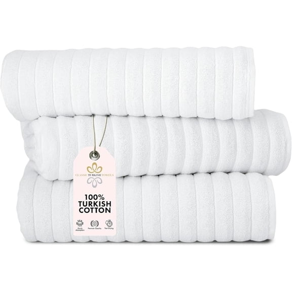 Classic Turkish Towel s Cotton Bath Sheets Set & Oversized Ribbed Towels, Ultra-Soft & Absorbent & Set of 3 - 40x65 White