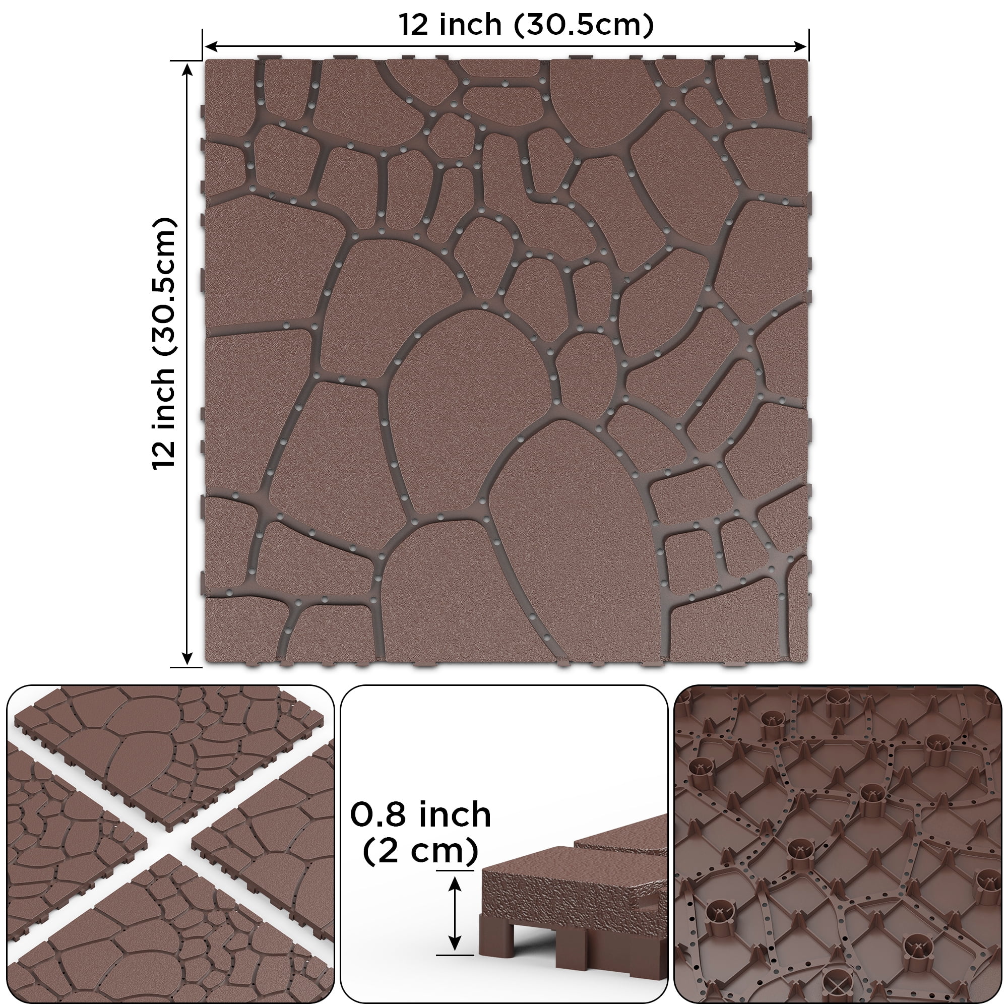 44 Pack Plastic Interlocking Deck Tiles,12" Waterproof Outdoor Flooring,All Weather Use, Patio Floor Decking Tiles for Porch Poolside Balcony Backyard,Stone Texture,Brown