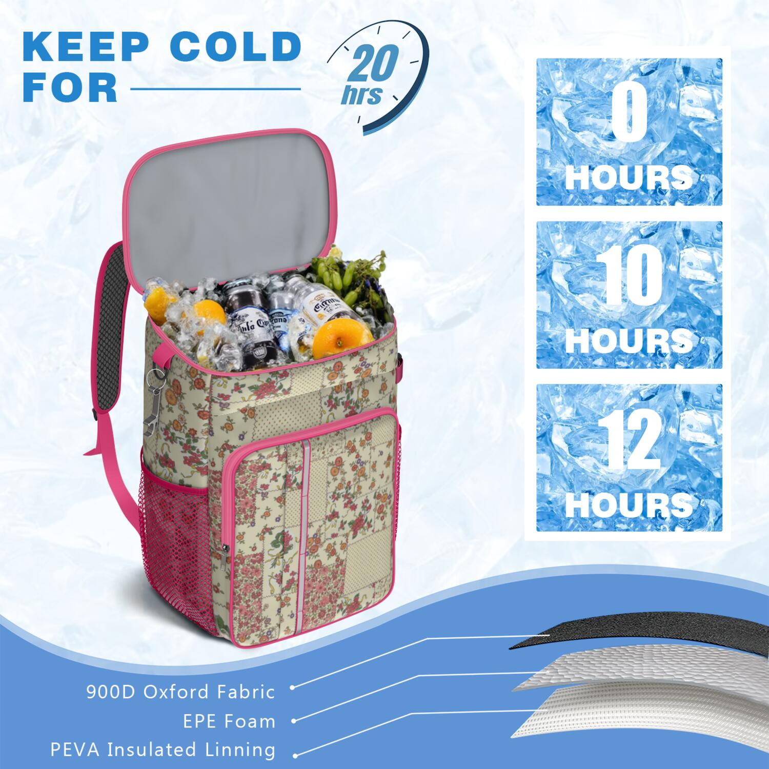 Travel Cooler Bag - Pioneer Flower Floral Print Pattern Camping Beer Cooler Backpack with Bottle Opener- Waterproof Insulated Picnic Backpacks - Cooler Bag for Beach