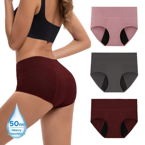 INNERSY Women's Rayon from Bamboo Period Underwear - High Waist Leakproof Briefs for Heavy Flow, Breathable 3-Pack(L,Purple Dark)
