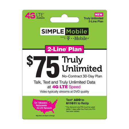 Simple Mobile TRULY UNLIMITED 4G LTE Data, Talk & Text 30-Day - 2-Line+ plan, $75 (Video streams at 480P) (Email