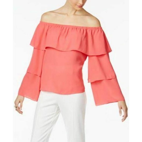 INC International Concepts Petite Tiered Off The Shoulder Top Coral PXL