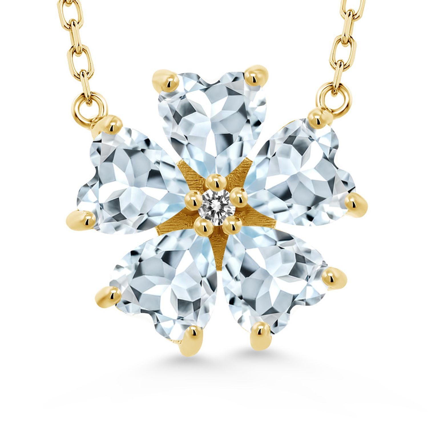 Gem Stone King 18K Yellow Gold Plated Silver Sky Blue Aquamarine and White Diamond Pendant Necklace for Women (3.68 Cttw, Heart Shape 6MM, with 18 inch Chain)