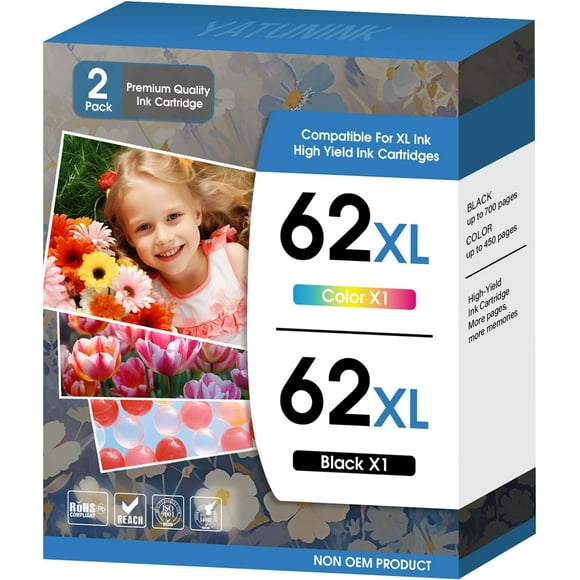 TRAHOO-62 Ink Cartridges Compatible with HP 62 Ink 62XL Works with HP Envy 5540 5640 5660 7644 5665 OfficeJet 200 250 258 5746 8040 Printer (1 Black, 1 Color) 2 Pack