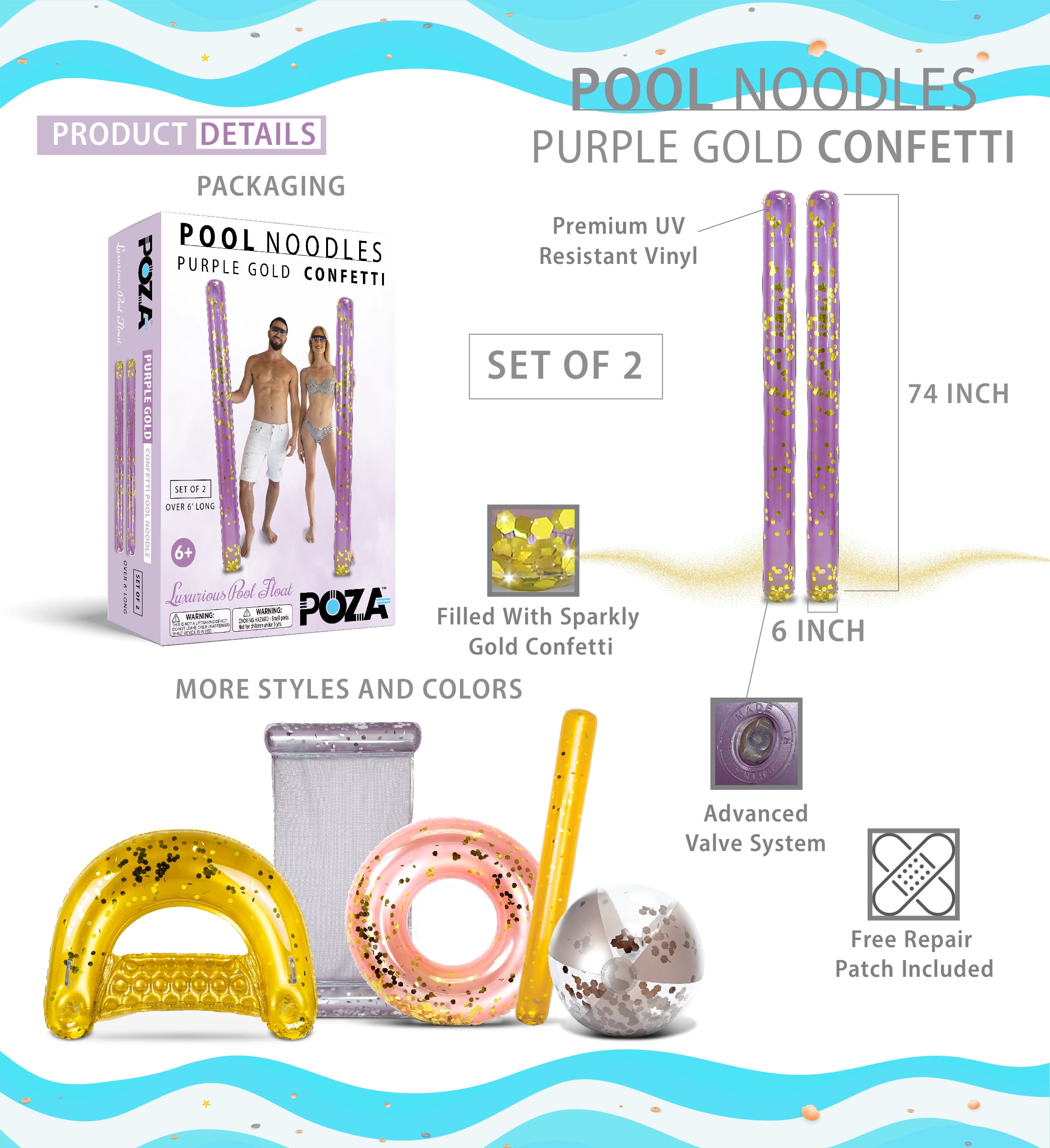 POZA 2 Pack Jumbo Inflatable Pool Noodle Floats - 74-inch Premium Luxurious Giant Pool Noodle Inflatable Floats, Sparkle Gold Glitter Confetti Float for Ocean, Lake, or Beach