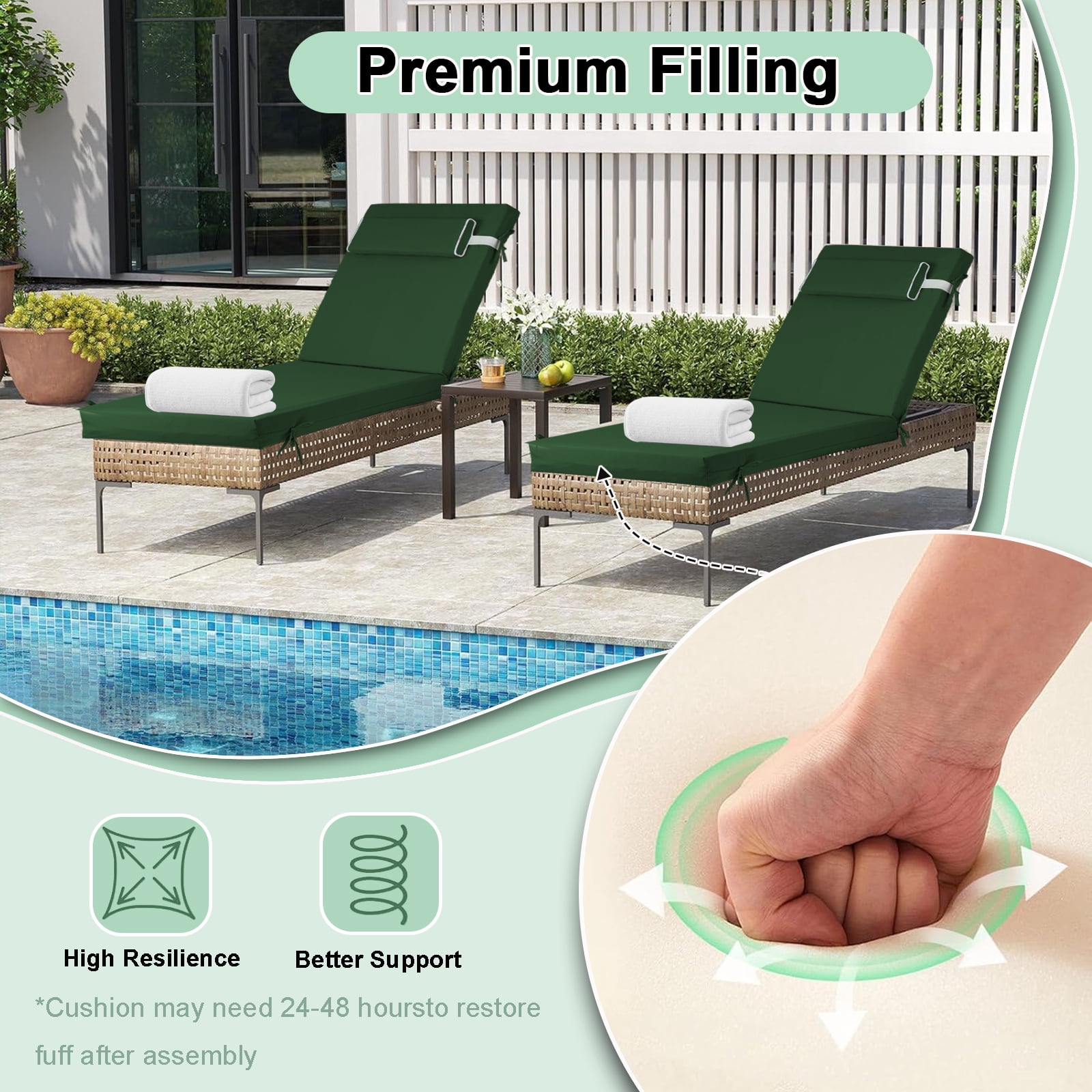 DTTRA Chaise Lounge Cushions Outdoor, 72 x 21 x 3 Inch, Waterproof Lounge Chair Cushion for Outdoor Furniture, Patio Lounger Pads with Removable Cover Ties Pillow for Pool, Garden Loungers