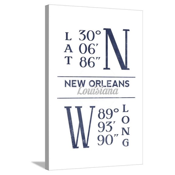 New Orleans, Louisiana Latitude and Longitude Blue, Stretched Canvas Wall Art by Lantern Press Sold by Art.Com