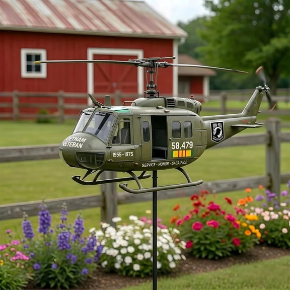 2D Vietnam Veteran UH-1 Helicopter Wind Spinner, Vietnam Veteran Plane Windmill Stake with Spinning Propeller, Airplane Sculptures Ornament for Garden Patio Lawn Yard Memorial Gift