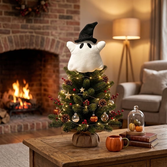 Halloween Decoration Indoor Outdoor Clearance Under $15.00! Halloween Ghost Tree Topper Cute Ghost With Black Witch Hat Stuffed Ornament For Christmas Tree Top Decor Spooky Home Party Decoration