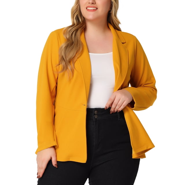 Agnes Orinda Women's Plus Size Blazer Button Notch Panel Ruffle Peplum Blazers 4X Yellow