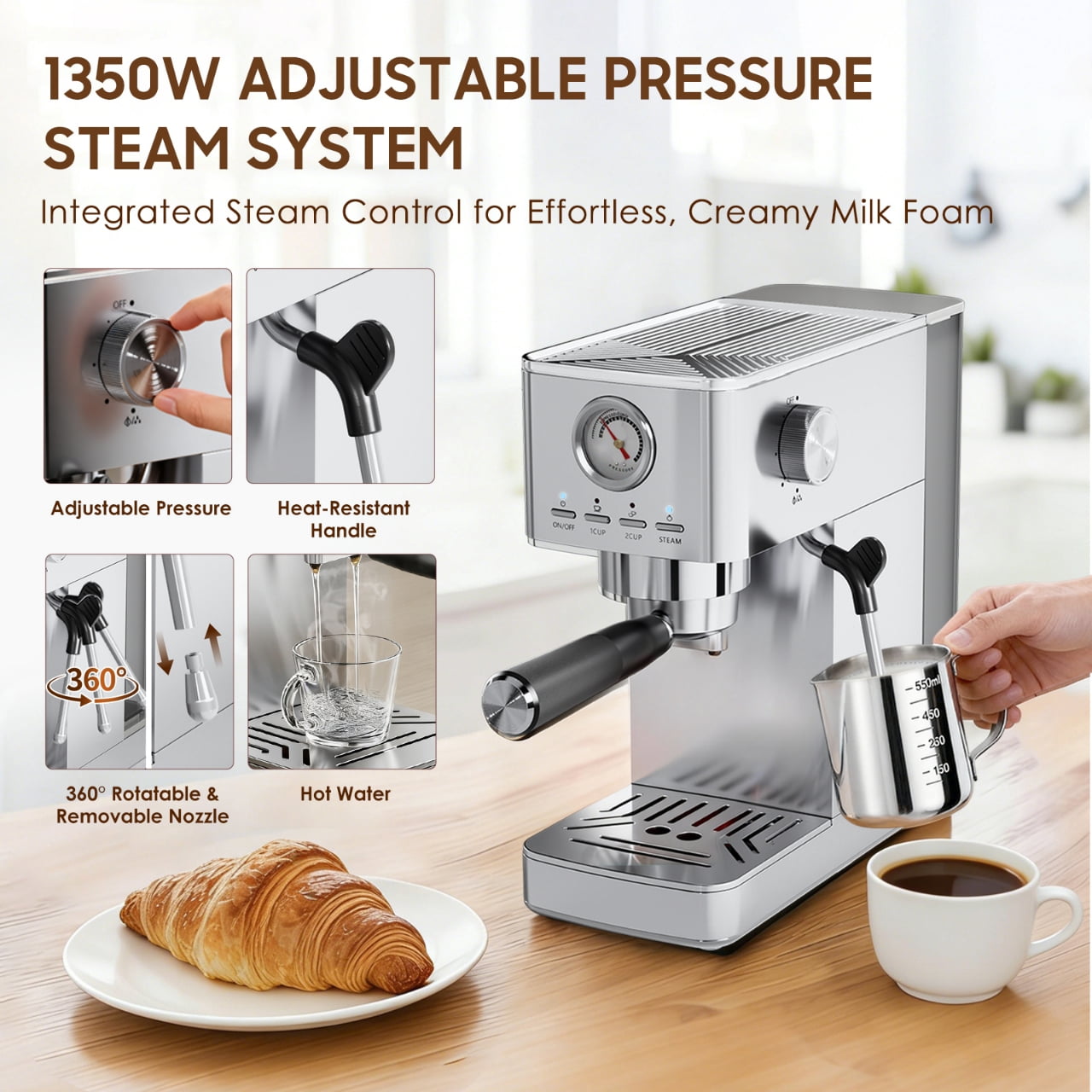 Espresso Machine, 20 Bar Visible High Pressure Gauge, 47 OZ Water Tank with Milk Frorther Silver, Automatic Stainless Steel Espresso Maker, Gift for Coffee Machine Enthusiasts