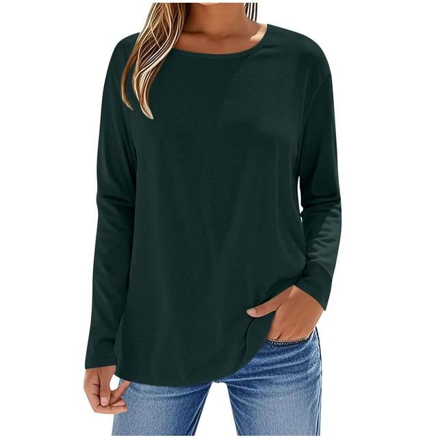 cfhntfmh Womens T Shirts Long Sleeve Round Neck Basic Tee Soft Casual Loose Fit Fall Tops Solid Color Clothes Outfits