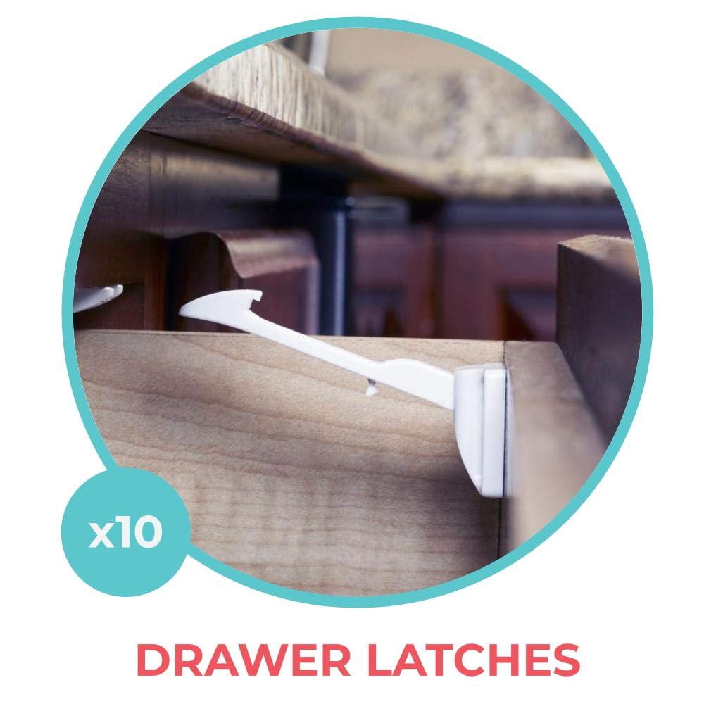 Toddleroo by North States Child Safety Drawer and Cabinet Tab Latches, White, 10 Pack
