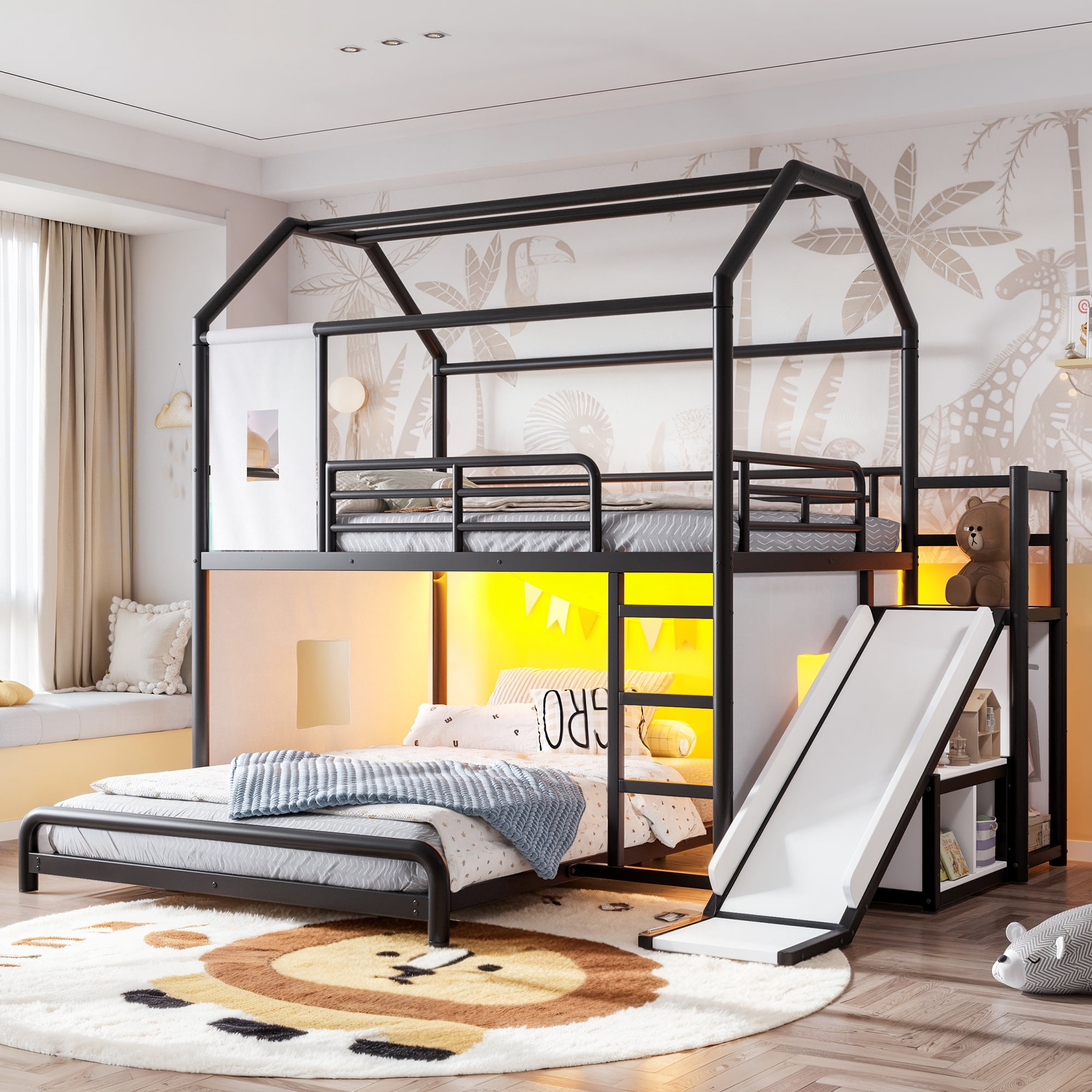 Leumius Full over Full Playhouse Metal Bunk Bed with Slide & Ladder, House Shaped Bunk Bed with LED Light Strip, Privacy Curtain, Movable Storage Cabinet and Hanging Rod for Bedroom Black