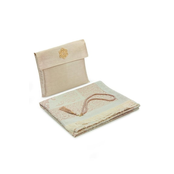 Ihvan Online Muslim Prayer Rug and Beads, Gold Taffeta Fabric, 5-Piece Set