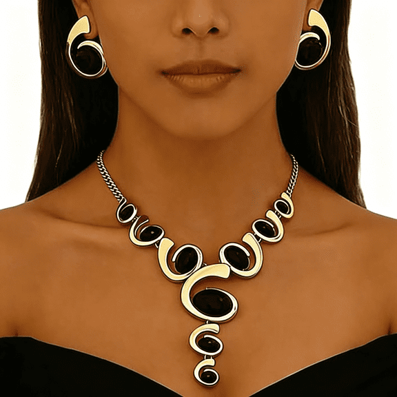 DESIGNICE Chunky Gold Jewelry Set for Women Oval Black Acrylic Pendant Chain Necklace Golden Vintage Statement Earrings Trendy Costume Jewelry Accessories